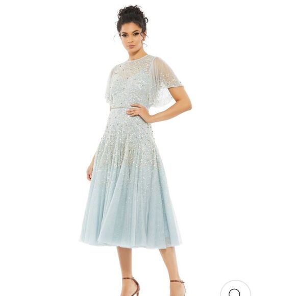 Mac Duggal #93655 Cape Sleeve Beaded Tea Length Dress blue Sz 4 NWT $598 - Picture 5 of 16